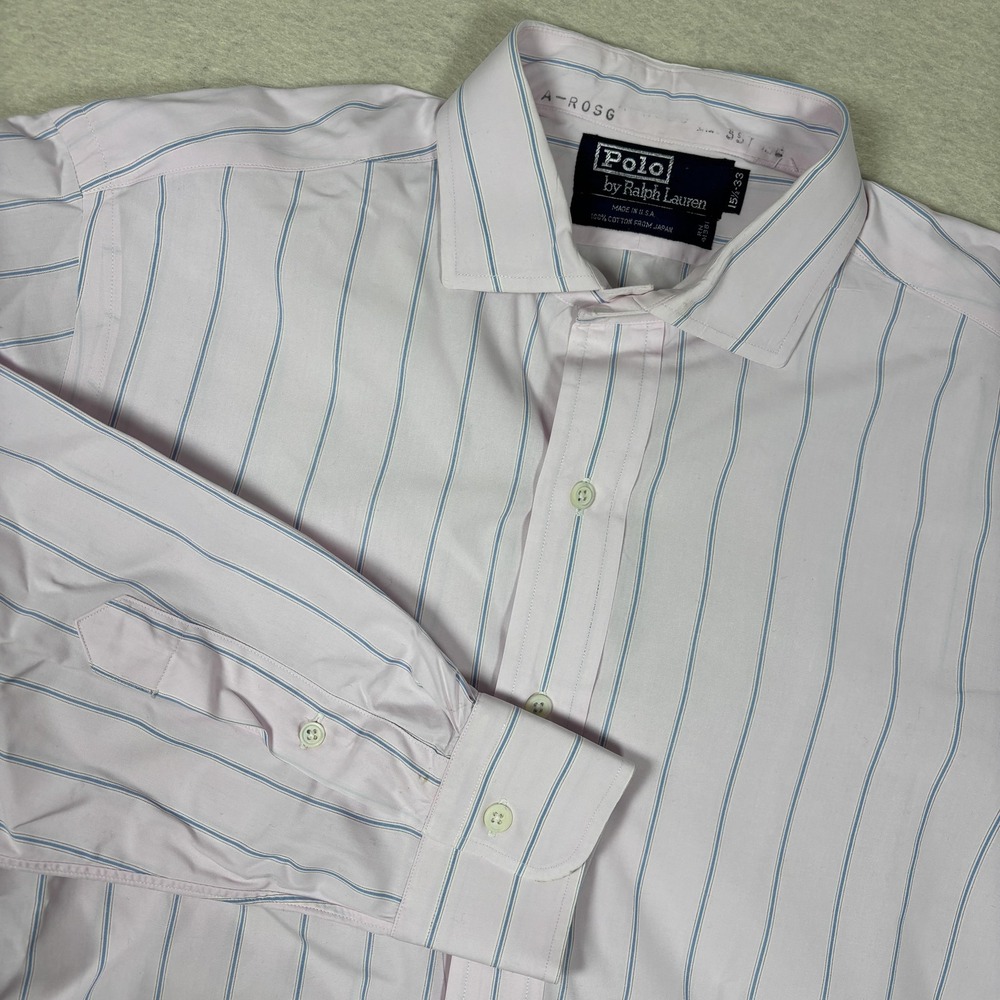 Vintage Polo Ralph Lauren Dress Shirt Mens 15.5 Pink‎ Blue Stripe USA 90s Japan
